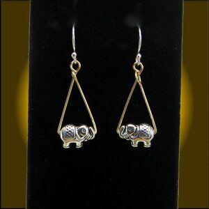 Silver Elephant Charm Earrings with Gold Accents & 925 Sterling Silver Wires